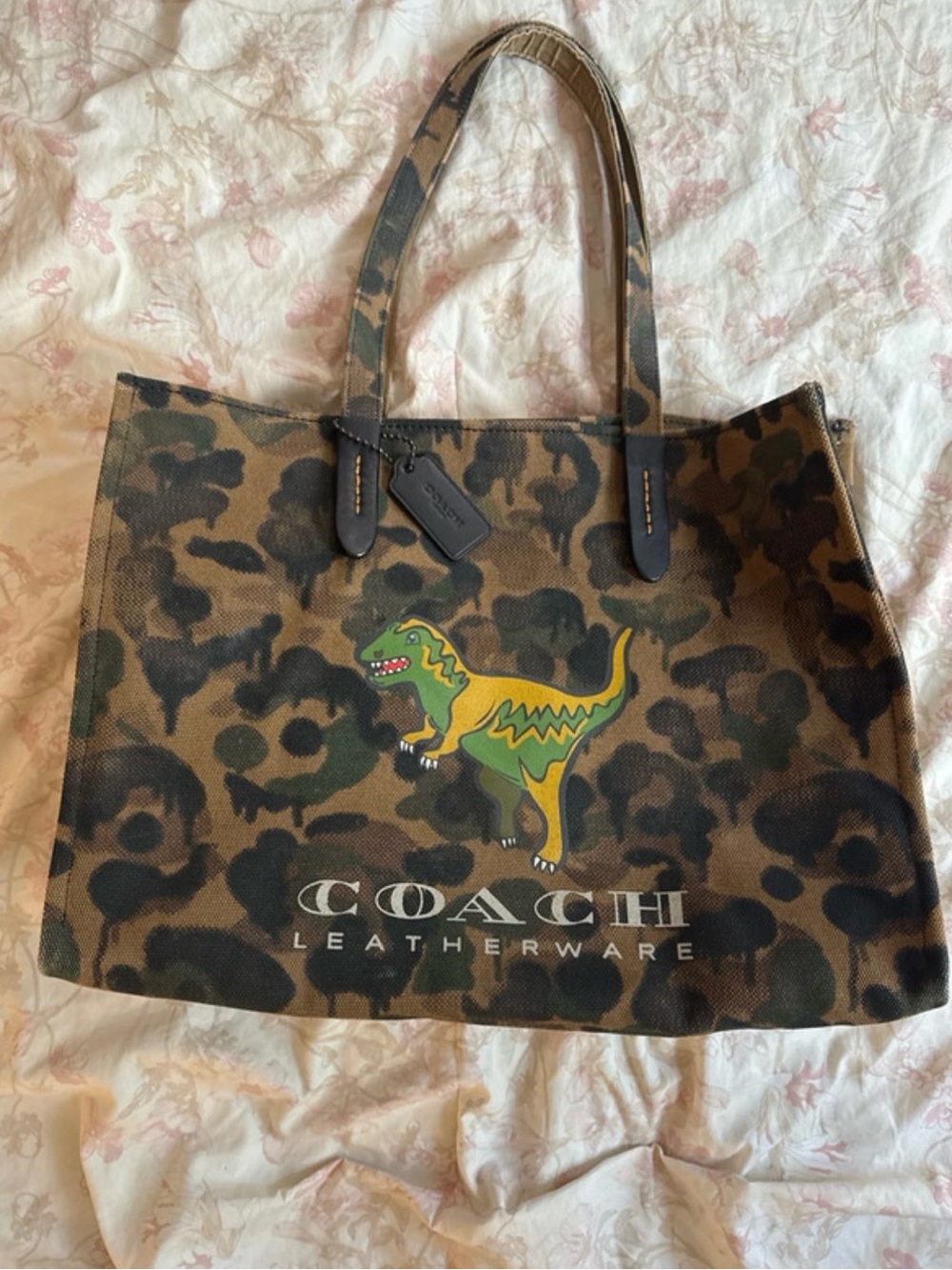 Coach Brown Camo Canvas Tote with Green & Yellow Dinosaur Motif - Picture 2 of 7